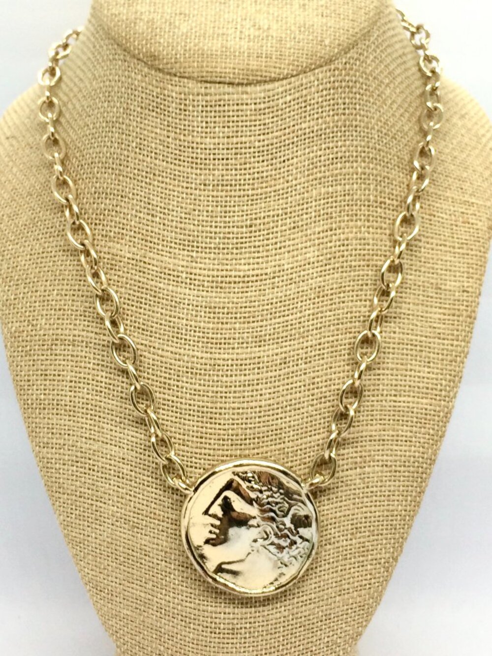 ROMAN COIN NECKLACE Gold Tone Ancient Greek Style Medallion Chain